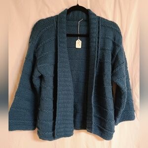 Handknit Teal Open-Front Slouchy Cardigan
